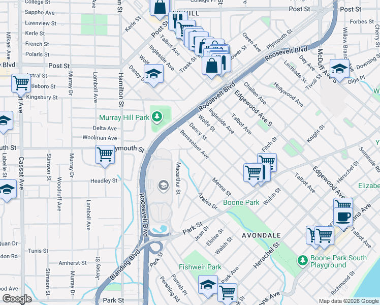 map of restaurants, bars, coffee shops, grocery stores, and more near 1243 Macarthur Street in Jacksonville