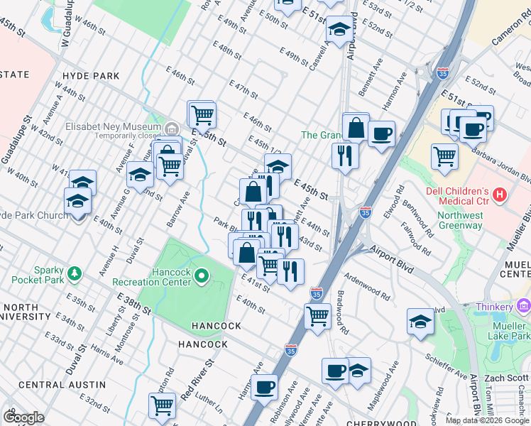 map of restaurants, bars, coffee shops, grocery stores, and more near in Austin