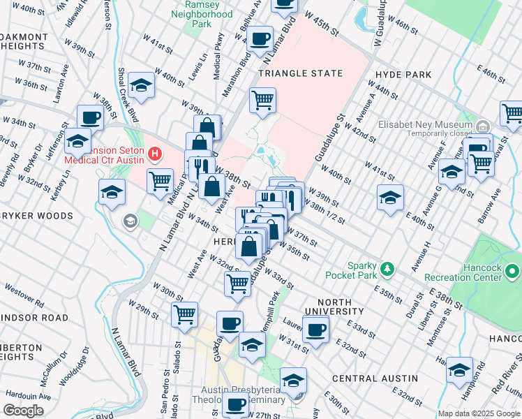 map of restaurants, bars, coffee shops, grocery stores, and more near 631 West 38th Street in Austin