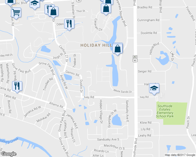map of restaurants, bars, coffee shops, grocery stores, and more near 2362 Sunset Bluff Drive in Jacksonville