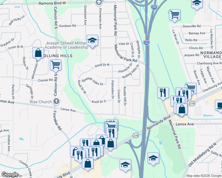 map of restaurants, bars, coffee shops, grocery stores, and more near 1140 Palisades Drive in Jacksonville