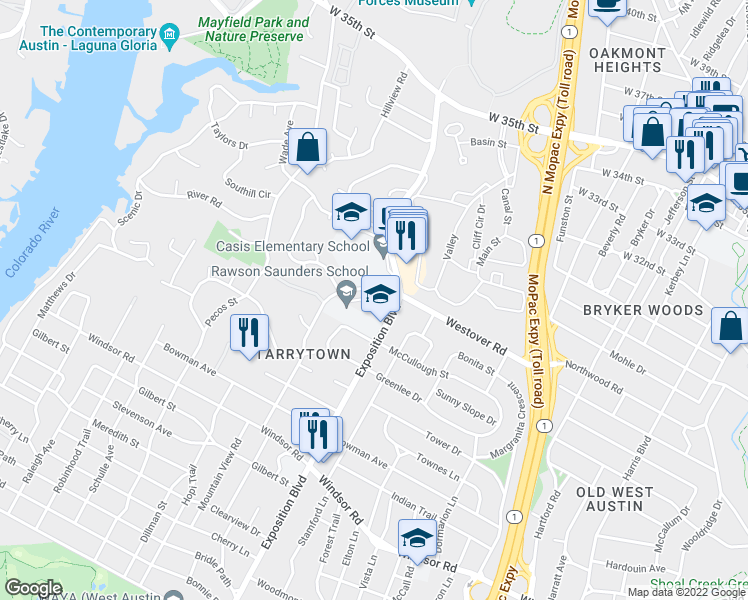 map of restaurants, bars, coffee shops, grocery stores, and more near 2700 Hillview Green Lane in Austin