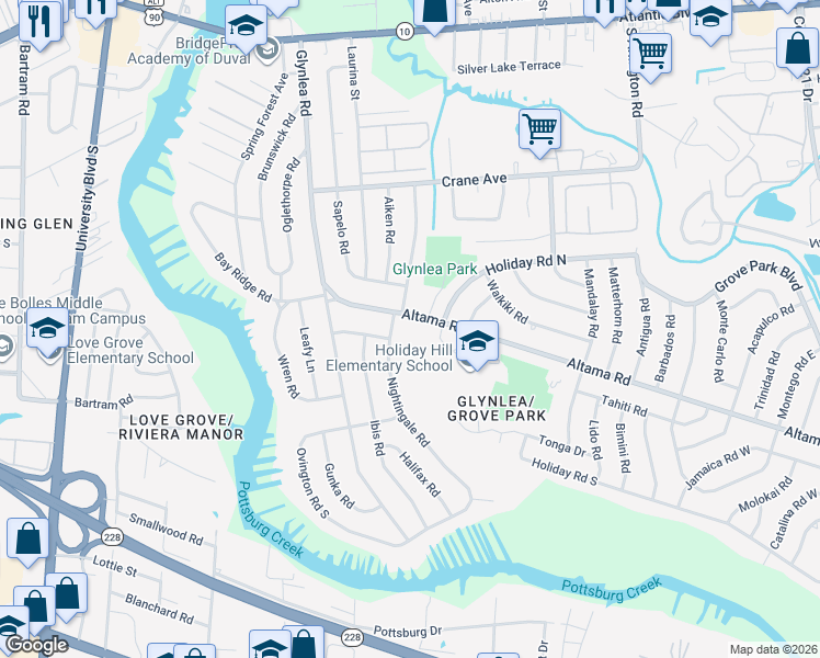 map of restaurants, bars, coffee shops, grocery stores, and more near 719 Nightingale Road in Jacksonville