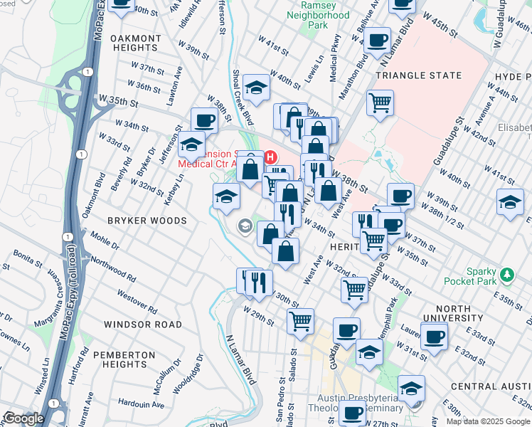 map of restaurants, bars, coffee shops, grocery stores, and more near 1101 West 34th Street in Austin