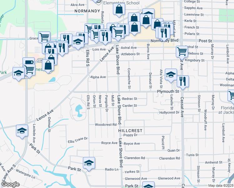 map of restaurants, bars, coffee shops, grocery stores, and more near 5406 Plymouth Street in Jacksonville