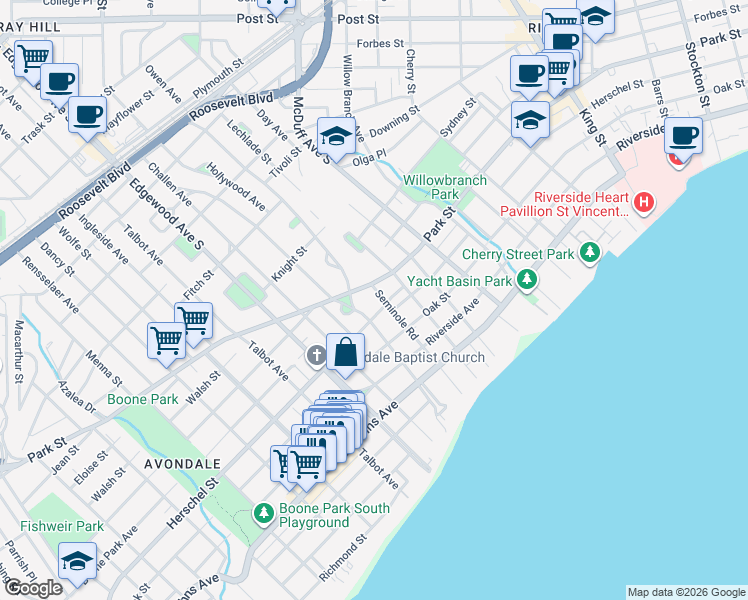 map of restaurants, bars, coffee shops, grocery stores, and more near 1516 Seminole Rd in Jacksonville