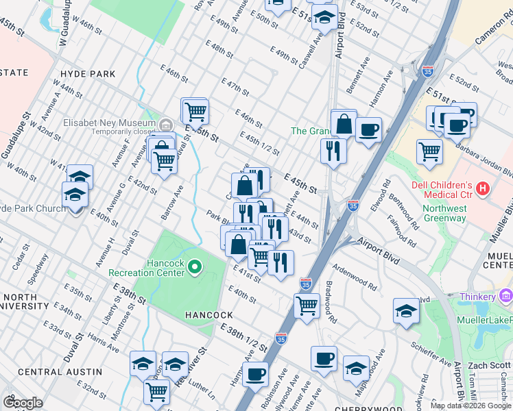map of restaurants, bars, coffee shops, grocery stores, and more near in Austin