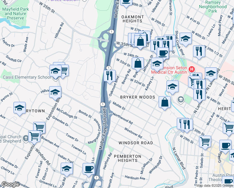 map of restaurants, bars, coffee shops, grocery stores, and more near 1804 West 29th Street in Austin