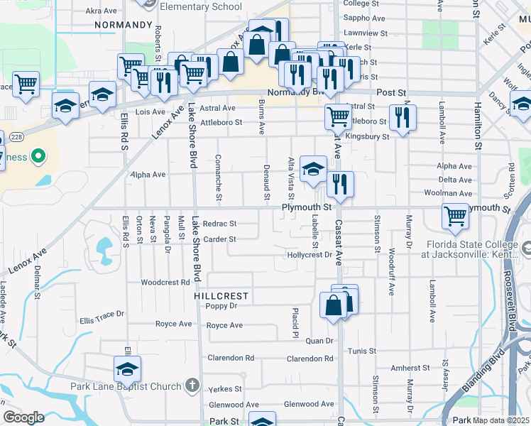 map of restaurants, bars, coffee shops, grocery stores, and more near 5204 Plymouth Street in Jacksonville
