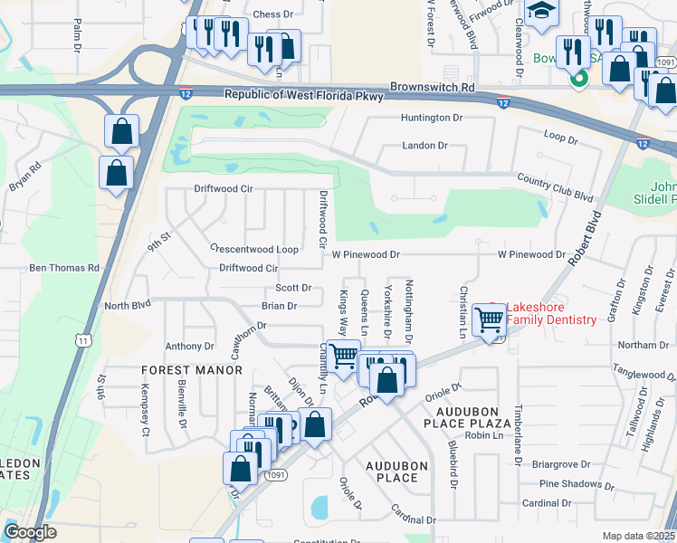 map of restaurants, bars, coffee shops, grocery stores, and more near 108 Country Drive in Slidell