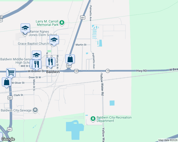 map of restaurants, bars, coffee shops, grocery stores, and more near W Beaver St & Monterey Blvd in Baldwin
