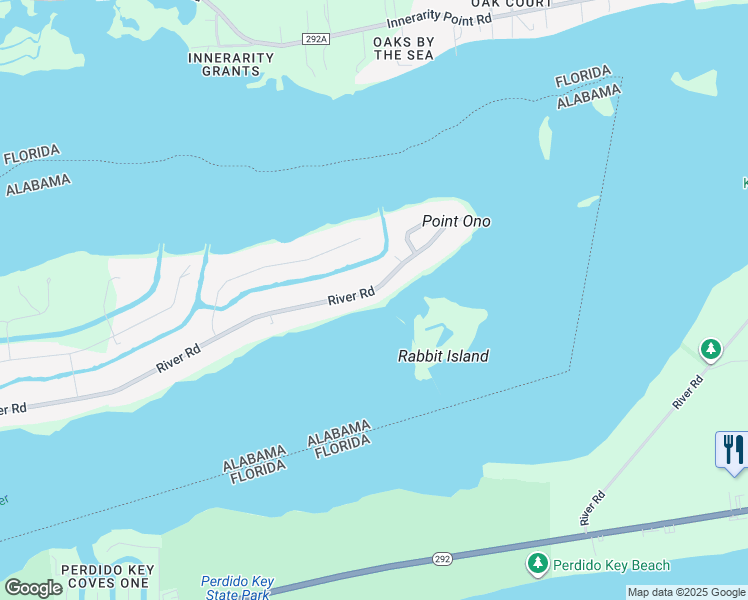 map of restaurants, bars, coffee shops, grocery stores, and more near 33202 River Road in Orange Beach
