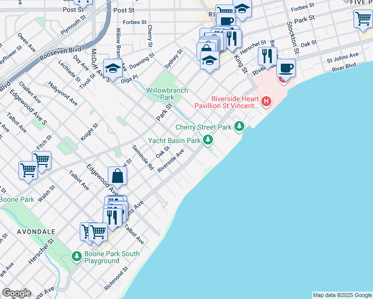 map of restaurants, bars, coffee shops, grocery stores, and more near 3002 Riverside Avenue in Jacksonville