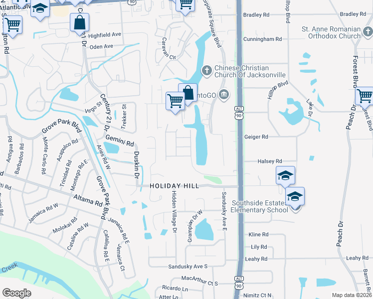 map of restaurants, bars, coffee shops, grocery stores, and more near 8880 Grassy Bluff Drive in Jacksonville