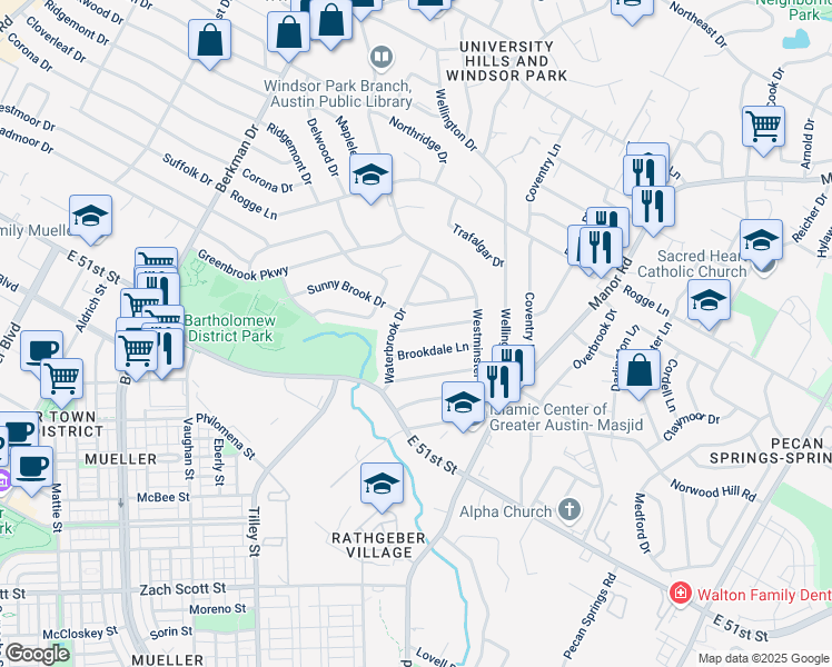 map of restaurants, bars, coffee shops, grocery stores, and more near 5207 Robinsdale Lane in Austin