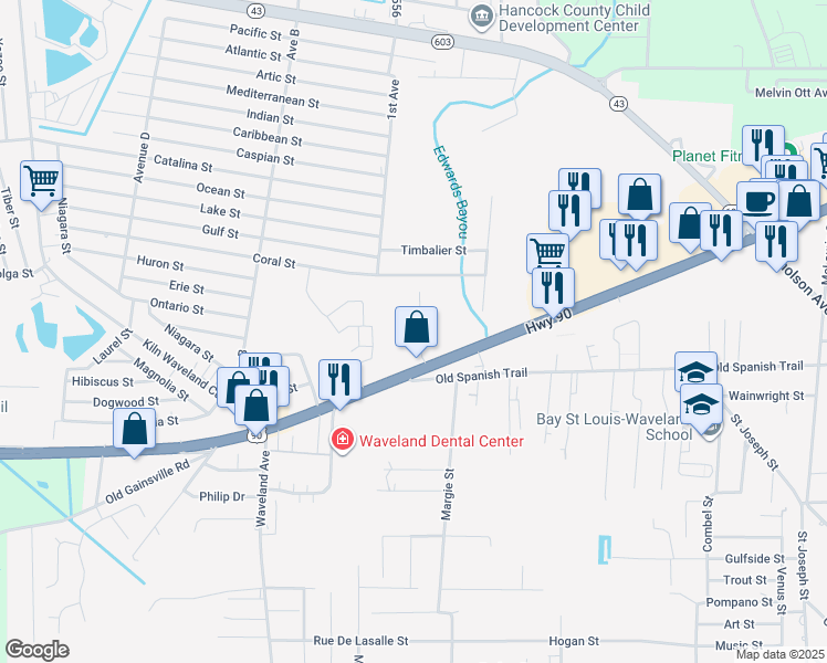map of restaurants, bars, coffee shops, grocery stores, and more near 548 U.S. 90 in Waveland