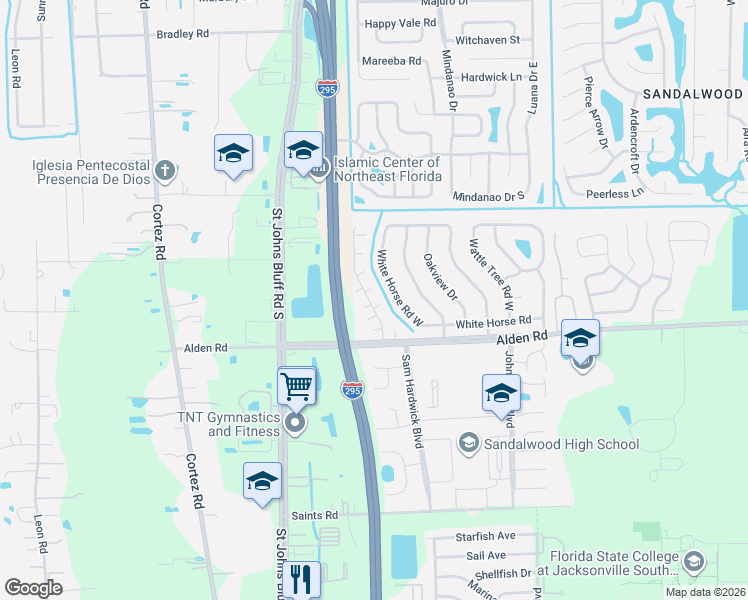 map of restaurants, bars, coffee shops, grocery stores, and more near 2475 Whispering Woods Boulevard in Jacksonville
