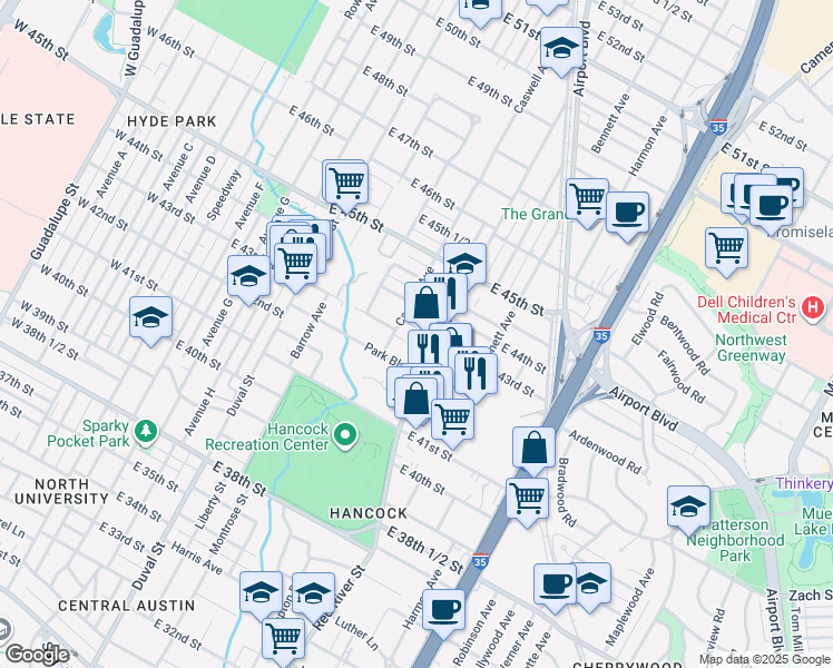 map of restaurants, bars, coffee shops, grocery stores, and more near 4305 Caswell Avenue in Austin