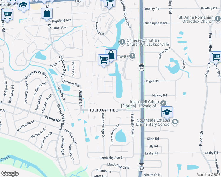 map of restaurants, bars, coffee shops, grocery stores, and more near 8856 Grassy Bluff Drive in Jacksonville