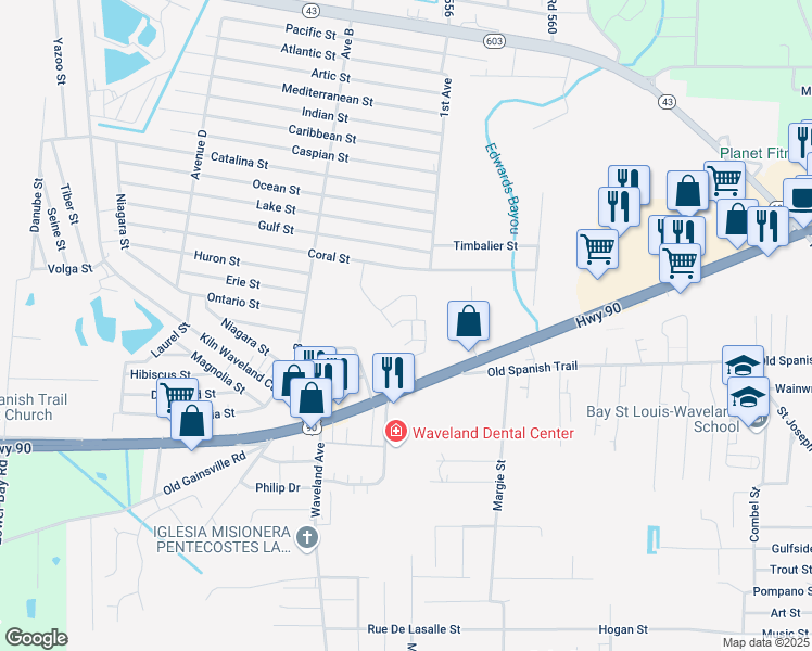 map of restaurants, bars, coffee shops, grocery stores, and more near 616 U.S. 90 in Waveland