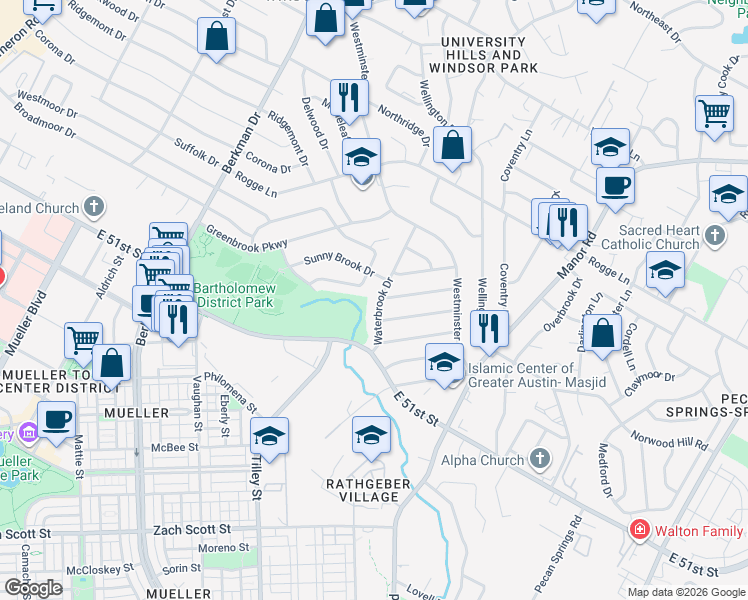 map of restaurants, bars, coffee shops, grocery stores, and more near 5116 Waterbrook Drive in Austin