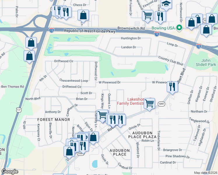 map of restaurants, bars, coffee shops, grocery stores, and more near 102 Country Drive in Slidell