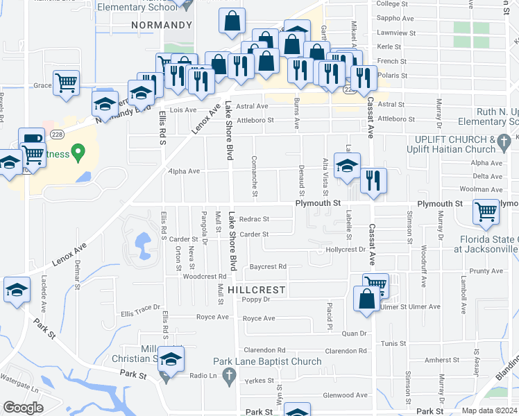 map of restaurants, bars, coffee shops, grocery stores, and more near 5320 Plymouth Street in Jacksonville