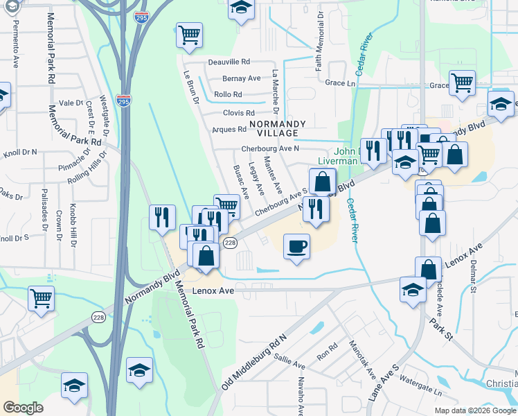 map of restaurants, bars, coffee shops, grocery stores, and more near 6919 Cherbourg Avenue South in Jacksonville