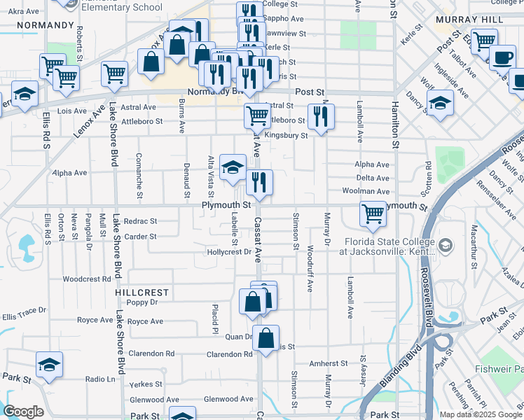 map of restaurants, bars, coffee shops, grocery stores, and more near 1201 Cassat Avenue in Jacksonville