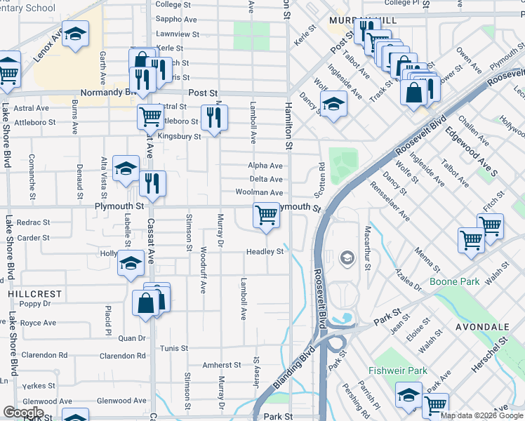 map of restaurants, bars, coffee shops, grocery stores, and more near 4538 Plymouth Street in Jacksonville