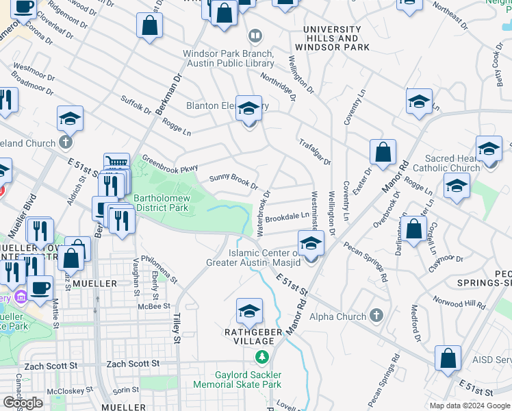 map of restaurants, bars, coffee shops, grocery stores, and more near 5116 Waterbrook Drive in Austin