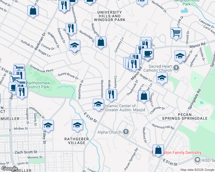 map of restaurants, bars, coffee shops, grocery stores, and more near 5322 Wellington Drive in Austin