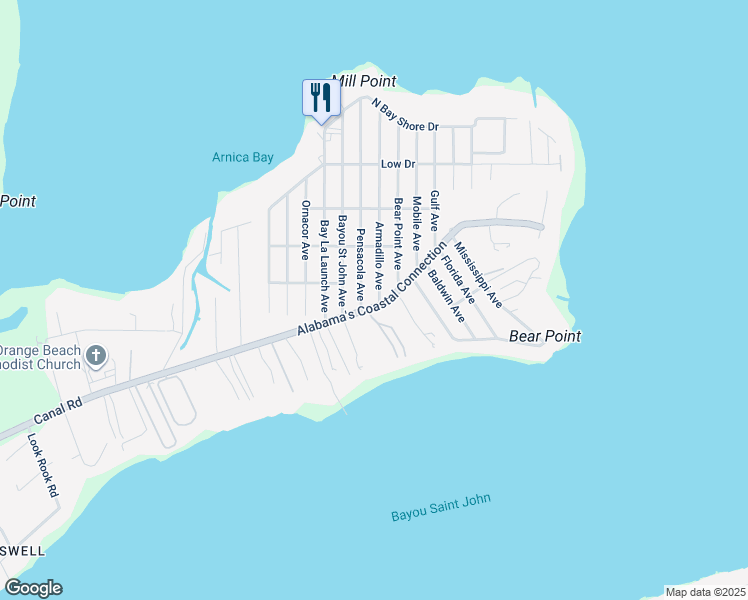map of restaurants, bars, coffee shops, grocery stores, and more near 5325 Armadillo Avenue in Orange Beach