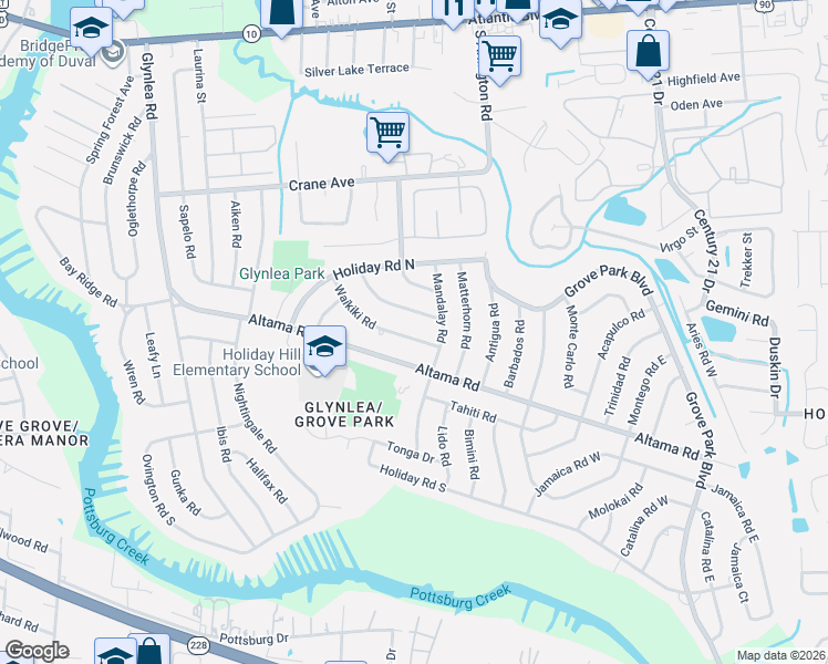 map of restaurants, bars, coffee shops, grocery stores, and more near 7103 Waikiki Road in Jacksonville
