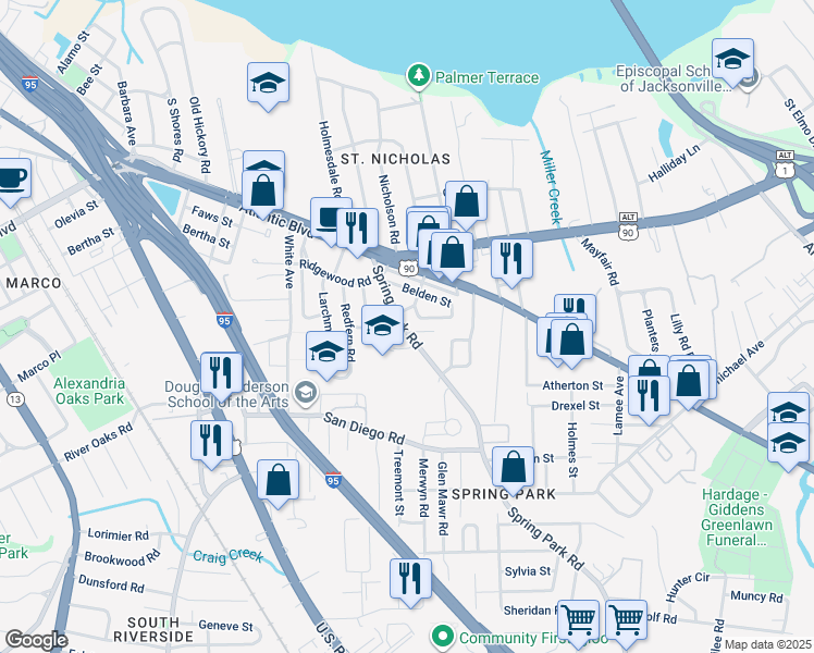 map of restaurants, bars, coffee shops, grocery stores, and more near 2179 Spring Park Road in Jacksonville