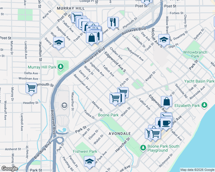 map of restaurants, bars, coffee shops, grocery stores, and more near 1343 Wolfe Street in Jacksonville