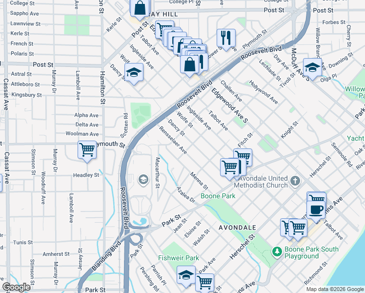 map of restaurants, bars, coffee shops, grocery stores, and more near 1280 Rensselaer Avenue in Jacksonville