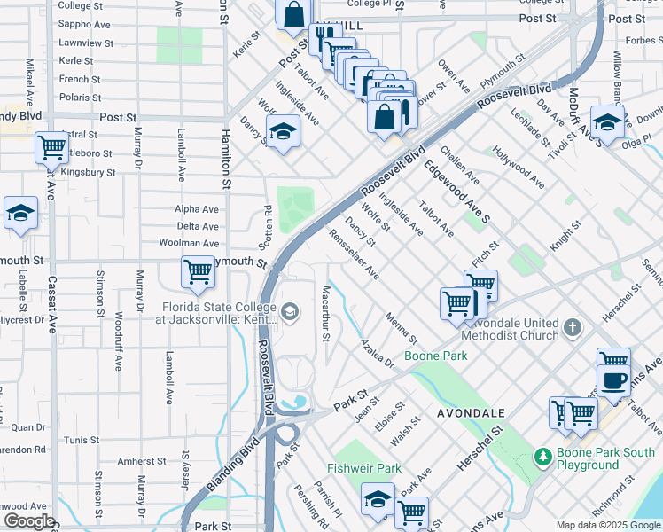 map of restaurants, bars, coffee shops, grocery stores, and more near 1243 Macarthur Street in Jacksonville