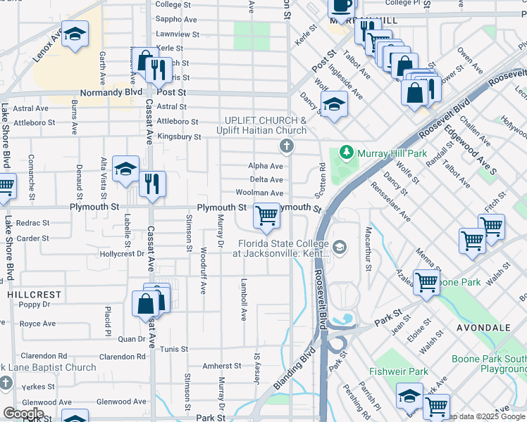 map of restaurants, bars, coffee shops, grocery stores, and more near 4538 Plymouth Street in Jacksonville