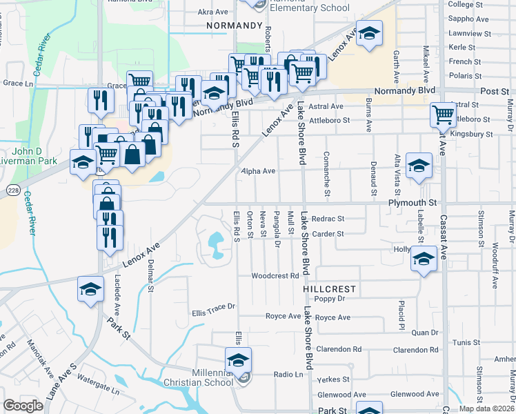 map of restaurants, bars, coffee shops, grocery stores, and more near 5558 Plymouth Street in Jacksonville