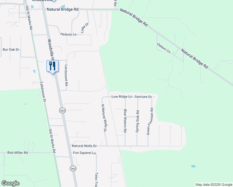 map of restaurants, bars, coffee shops, grocery stores, and more near 2662 Low Ridge Lane in Tallahassee
