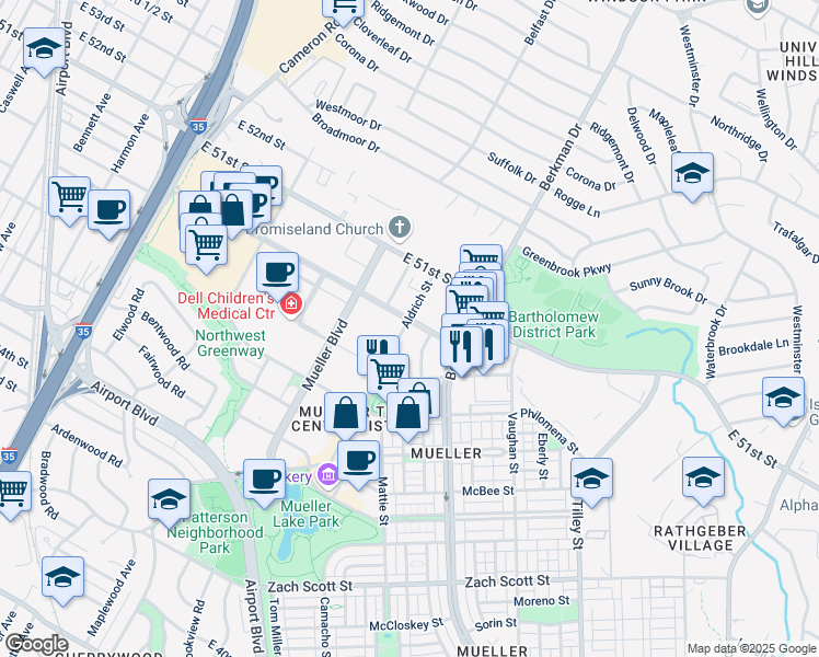 map of restaurants, bars, coffee shops, grocery stores, and more near 2401 Aldrich Street in Austin