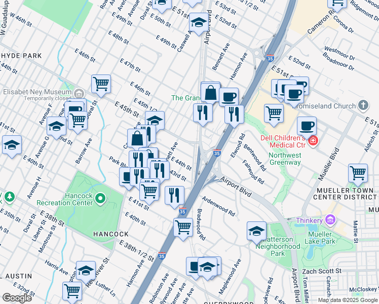 map of restaurants, bars, coffee shops, grocery stores, and more near 1018 Ellingson Lane in Austin