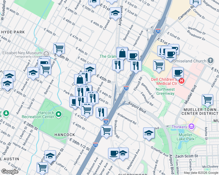 map of restaurants, bars, coffee shops, grocery stores, and more near 1018 Ellingson Lane in Austin