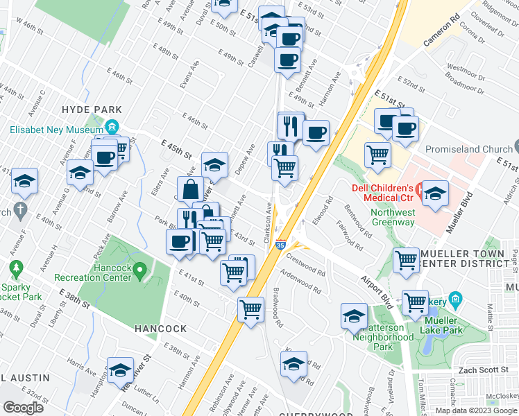 map of restaurants, bars, coffee shops, grocery stores, and more near 1024 Ellingson Lane in Austin
