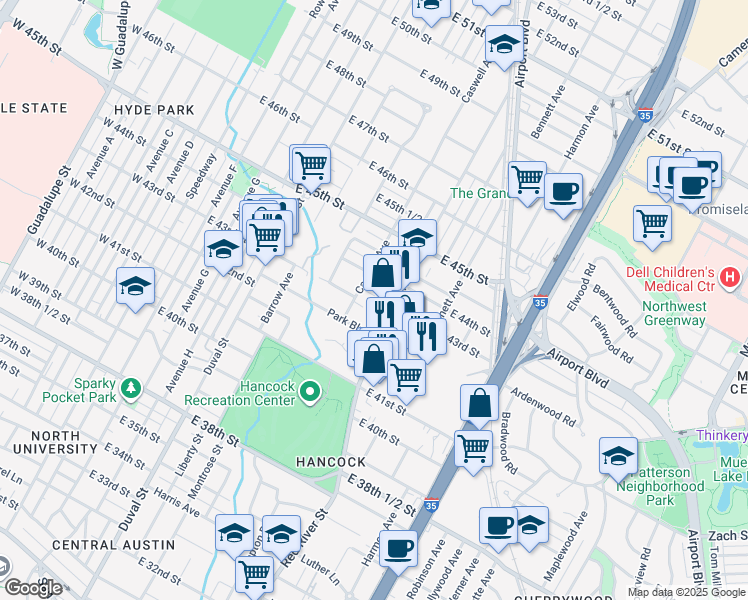 map of restaurants, bars, coffee shops, grocery stores, and more near 4305 Caswell Avenue in Austin