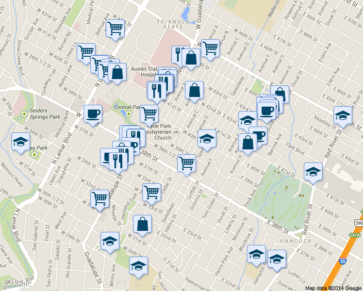 map of restaurants, bars, coffee shops, grocery stores, and more near 3905 Avenue C in Austin