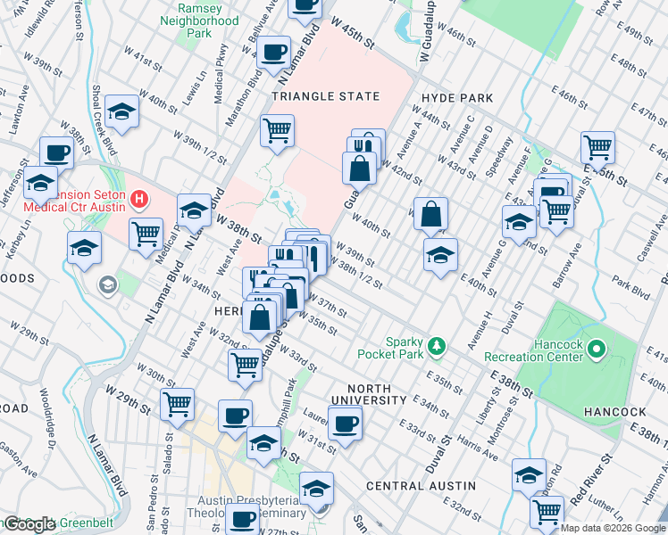map of restaurants, bars, coffee shops, grocery stores, and more near 3815 Guadalupe Street in Austin