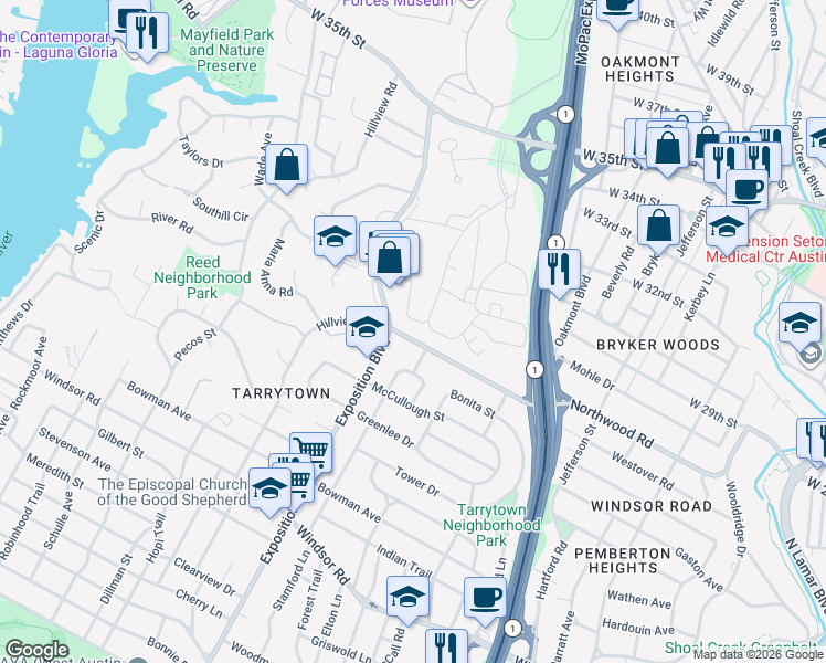 map of restaurants, bars, coffee shops, grocery stores, and more near 2610 Westover Road in Austin