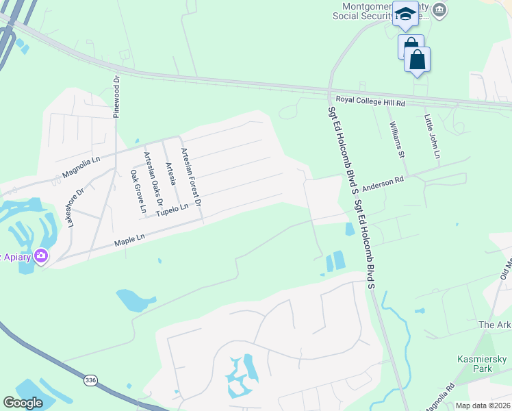 map of restaurants, bars, coffee shops, grocery stores, and more near 219 Maple Lane in Conroe